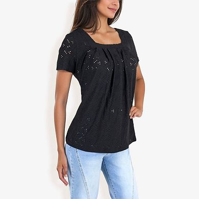 Women's Eyelet Square Neck Top With Pleated Front