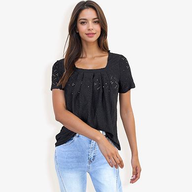 Women's Eyelet Square Neck Top With Pleated Front