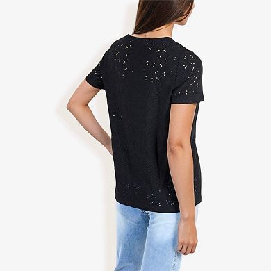 Women's Eyelet Square Neck Top With Pleated Front