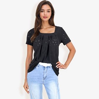 Women's Eyelet Square Neck Top With Pleated Front