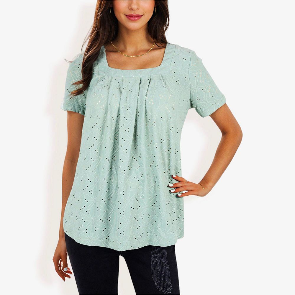 トップス SQUARE NECK LADY LIKE PLEATS TOP Women's Eyelet Square Neck Top With Pleated Front