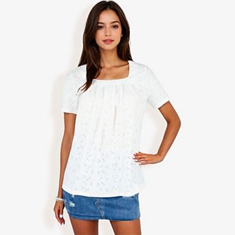 Women's Eyelet Square Neck Top With Pleated Front