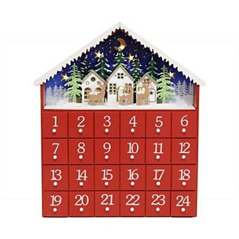 Polar Elegance 14‘’ Wooden Advent Calendar House with 24 Drawers and LED Lights, Village Scene