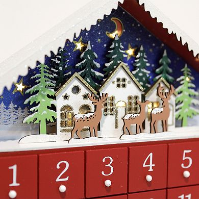 Polar Elegance 14‘’ Wooden Advent Calendar House with 24 Drawers and LED Lights, Village Scene