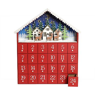 Polar Elegance 14‘’ Wooden Advent Calendar House with 24 Drawers and LED Lights, Village Scene