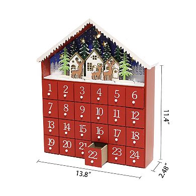 Polar Elegance 14‘’ Wooden Advent Calendar House with 24 Drawers and LED Lights, Village Scene