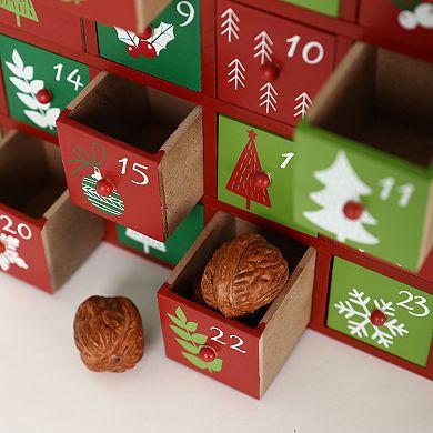 Polar Elegance 15 Inch Christmas Wooden Advent Calendar with 24 Drawers and LED for Kids and Adults