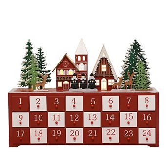 Polar Elegance 15‘’ Christmas Wooden Advent Calendar with Drawers and LED, Church Scene