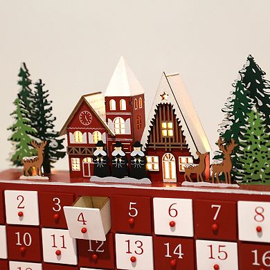 Polar Elegance 15‘’ Christmas Wooden Advent Calendar with Drawers and LED, Church Scene