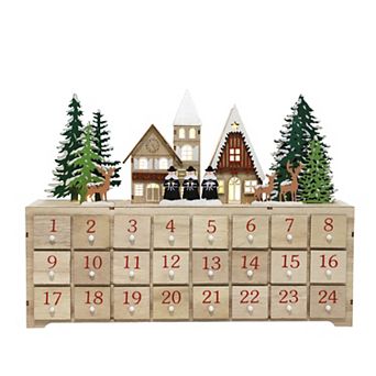 Polar Elegance 15'' Wooden Advent Calendar House with LED Lights and 24 Drawers