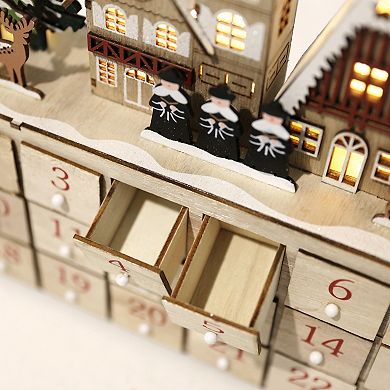 Polar Elegance 15'' Wooden Advent Calendar House with LED Lights and 24 Drawers