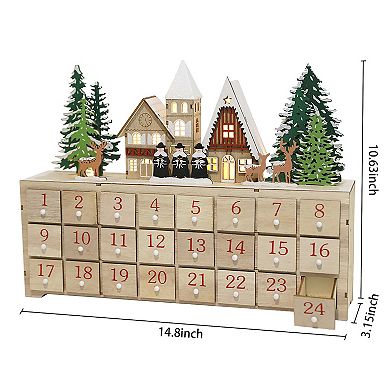 Polar Elegance 15'' Wooden Advent Calendar House with LED Lights and 24 Drawers