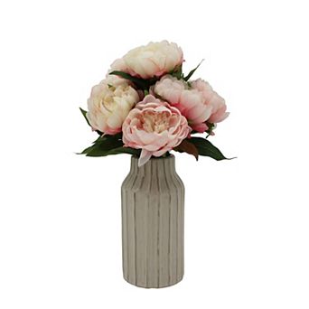 Faux Pink Peonies In Ribbed Vase