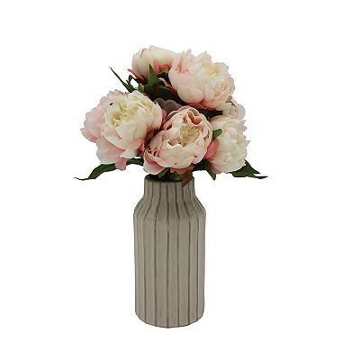 Faux Pink Peonies In Ribbed Vase