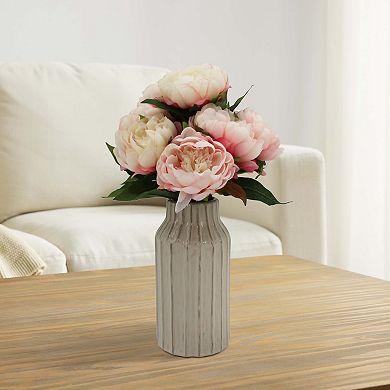 Faux Pink Peonies In Ribbed Vase