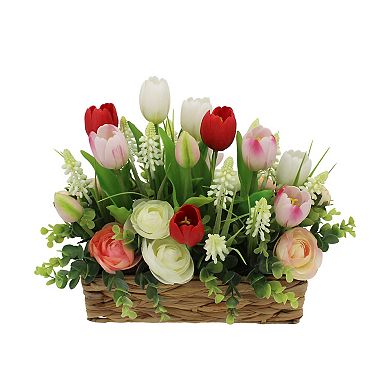 Faux Tulip And Ranunculus Oblong Basket