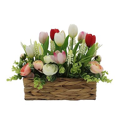 Faux Tulip And Ranunculus Oblong Basket