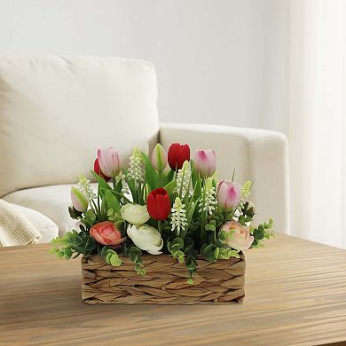 Faux Tulip And Ranunculus Oblong Basket