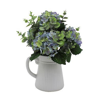 Faux Blue Hydrangea In Ceramic Pitcher