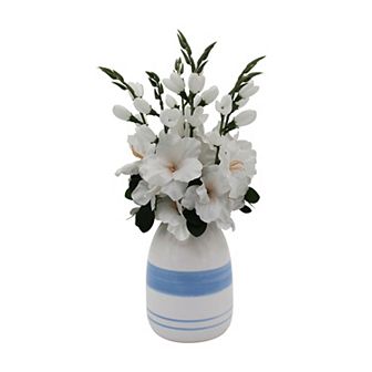 Faux White Gladiolous In Striped Vase
