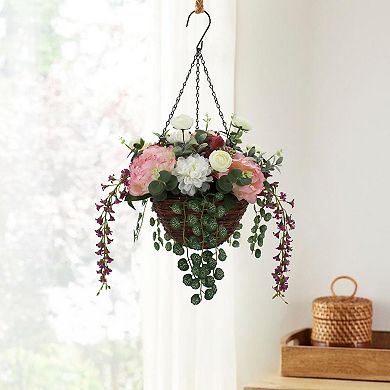 Everyday Decor Artificial Peony Hanging Basket