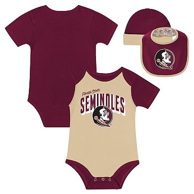 "Newborn & Infant Florida State Seminoles Dynamic Duo Bodysuit, Bib & Cuffed Knit Hat Set"