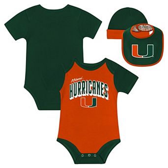 "Newborn & Infant Miami Hurricanes Dynamic Duo Bodysuit, Bib & Cuffed Knit Hat Set"