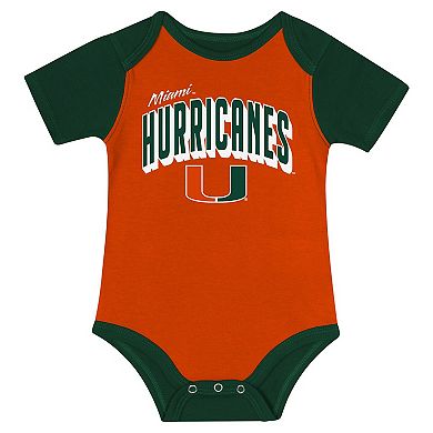 "Newborn & Infant Miami Hurricanes Dynamic Duo Bodysuit, Bib & Cuffed Knit Hat Set"