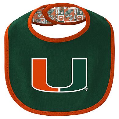"Newborn & Infant Miami Hurricanes Dynamic Duo Bodysuit, Bib & Cuffed Knit Hat Set"