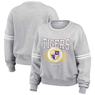 Women's WEAR by Erin Andrews Heather Gray LSU Tigers Classic Stripe Pullover Sweater