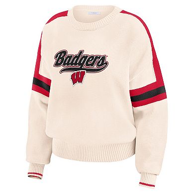 Women's WEAR by Erin Andrews Cream Wisconsin Badgers Chenille Woven Patch Stripe Pullover Sweater
