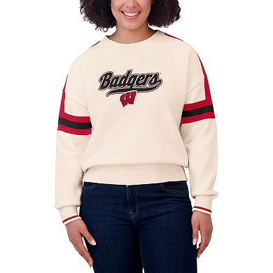 Women's WEAR by Erin Andrews Cream Wisconsin Badgers Chenille Woven Patch Stripe Pullover Sweater