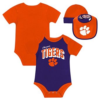 "Newborn & Infant Clemson Tigers Dynamic Duo Bodysuit, Bib & Cuffed Knit Hat Set"