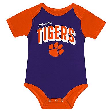 "Newborn & Infant Clemson Tigers Dynamic Duo Bodysuit, Bib & Cuffed Knit Hat Set"