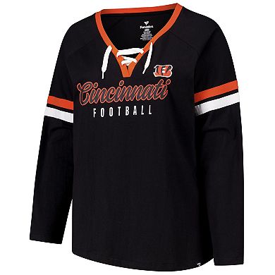 Women's Fanatics Black Cincinnati Bengals Plus Size Lace-Up V-Neck Long Sleeve T-Shirt