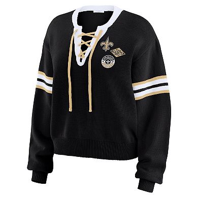 Women's WEAR by Erin Andrews Black New Orleans Saints Lace-Up Sweater
