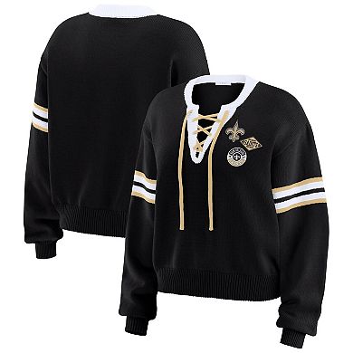 Women's WEAR by Erin Andrews Black New Orleans Saints Lace-Up Sweater
