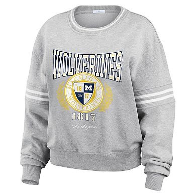Women's WEAR by Erin Andrews Heather Gray Michigan Wolverines Classic Stripe Pullover Sweater