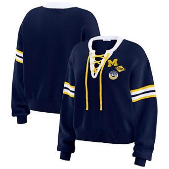Women's WEAR by Erin Andrews Navy Michigan Wolverines Lace-Up Pullover Sweater