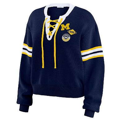 Women's WEAR by Erin Andrews Navy Michigan Wolverines Lace-Up Pullover Sweater
