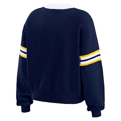 Women's WEAR by Erin Andrews Navy Michigan Wolverines Lace-Up Pullover Sweater