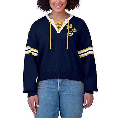 Women's WEAR by Erin Andrews Navy Michigan Wolverines Lace-Up Pullover Sweater