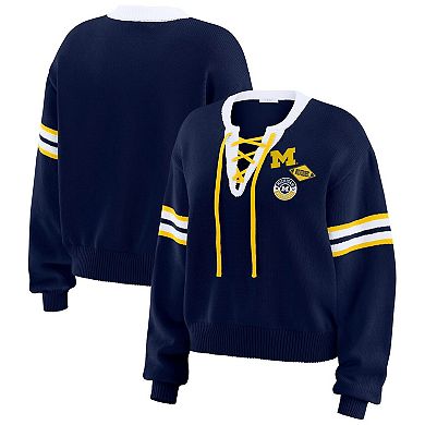 Women's WEAR by Erin Andrews Navy Michigan Wolverines Lace-Up Pullover Sweater