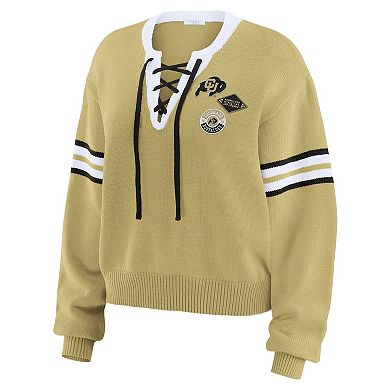 Women's WEAR by Erin Andrews Gold Colorado Buffaloes Lace-Up Pullover Sweater