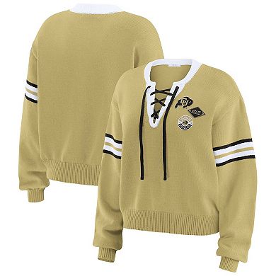 Women's WEAR by Erin Andrews Gold Colorado Buffaloes Lace-Up Pullover Sweater