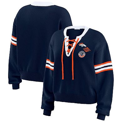 Women's WEAR by Erin Andrews Navy Denver Broncos Lace-Up Sweater