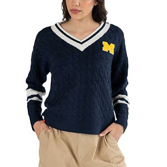 Women's Lusso Navy Michigan Wolverines Stella Cable Knit V-Neck Pullover Sweater