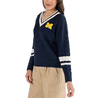 Women's Lusso Navy Michigan Wolverines Stella Cable Knit V-Neck Pullover Sweater