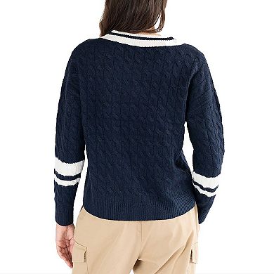 Women's Lusso Navy Michigan Wolverines Stella Cable Knit V-Neck Pullover Sweater
