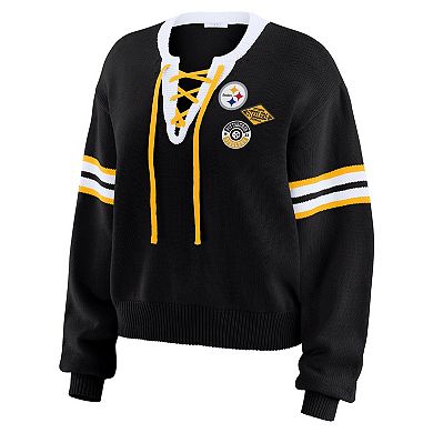 Women's WEAR by Erin Andrews Black Pittsburgh Steelers Lace-Up Sweater